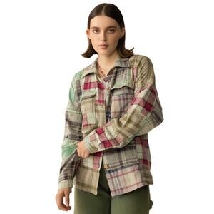 NWT Boutique Boho Boone Trail Stitch Shacket in Patchwork Plaid Petal